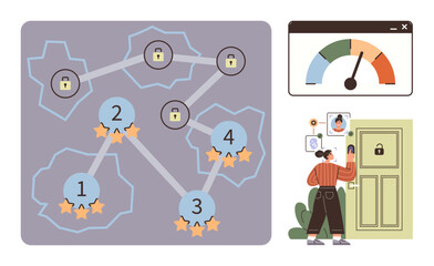 Fototapeta premium Network pathway highlighted with locked nodes and stars, performance meter, user unlocking door with ID card. Ideal for gamification, cybersecurity, user authentication, progress tracking, data