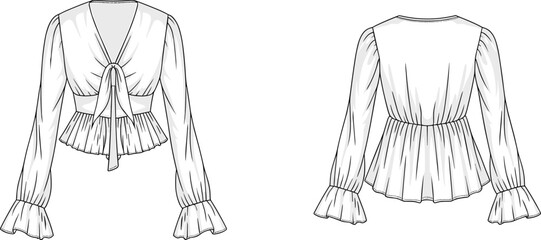 Flat fashion sketch of tie-front peplum blouse with flared sleeves, V-neckline, and gathered waist, front and back view.