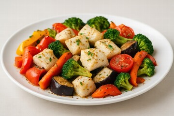 Colorful plate of cooked vegetables with broccoli peppers eggplant tomatoes and tofu cubes served as healthy meal