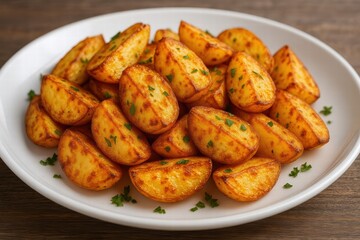 Roasted potato wedges with herbs served on white plate close up view of crispy golden side dish