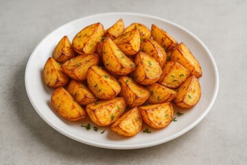 Roasted potato wedges with herbs served on white plate close up view of crispy golden side dish