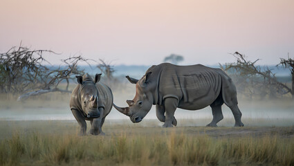 Fototapeta premium Photo of two rhinoceroses standing in a grassy field with trees in the background during a misty morning