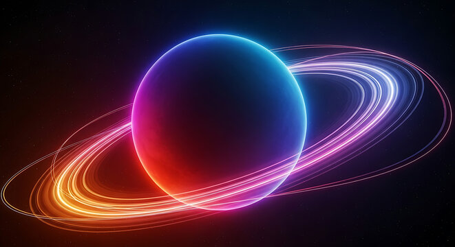 Neon Ringed Planet with Red and Blue Glow space cosmos - Powered by Adobe