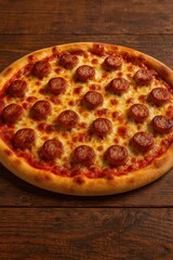 Freshly baked pepperoni pizza with melted cheese and golden crust served on wooden table top view