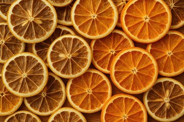 Slices of dried oranges arranged in overlapping pattern creating rustic textured background in warm tones