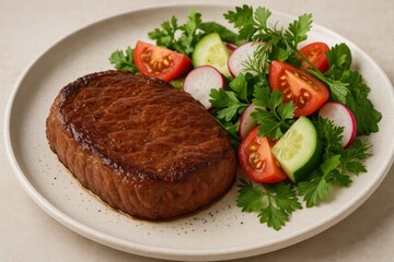 Grilled beef steak served with fresh vegetable salad of tomatoes cucumbers radish and parsley on white plate