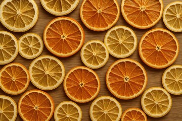 Slices of dried oranges arranged in overlapping pattern creating rustic textured background in warm tones
