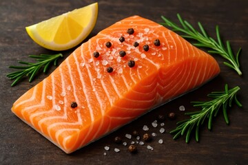 Grilled salmon fillet served with lemon slices and rosemary on white plate close up view of healthy seafood dish