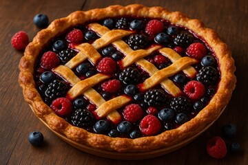 Homemade berry pie with lattice crust filled with blueberries raspberries and blackberries on wooden table close up