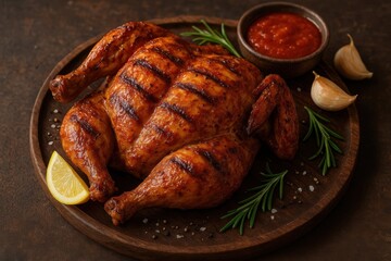 Whole grilled chicken with charred marks served on wooden plate with rosemary lemon garlic and tomato sauce dip