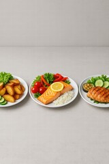 Assorted healthy meals with grilled chicken salmon potatoes rice and fresh vegetables served on white plates top view