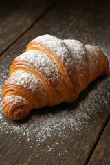 Golden flaky croissant with powdered sugar on rustic wooden table close up view of fresh baked french pastry