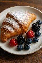 Fresh buttery croissant with powdered sugar served on plate with blueberries raspberries and blackberries on wooden table