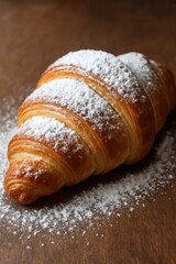 Golden flaky croissant with powdered sugar on rustic wooden table close up view of fresh baked french pastry