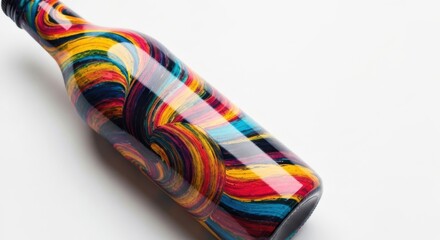 Colorful, abstract painted bottle lying diagonally on a white background, casting a faint shadow