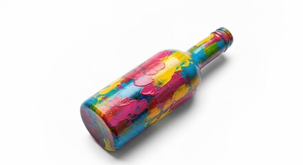Colorful bottle covered in thick brushstrokes of pink, blue, yellow paint, lying on a white surface