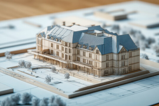 Scale model of a classic hotel building standing on architectural drawings, showcasing design and construction planning