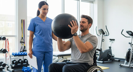 Man in wheelchair lifts heavy medicine ball under supervision of rehabilitation doctor trainer. Medical rehabilitation after injury