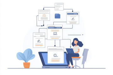 Programmer managing digital documents, connecting online files, and ensuring efficient data management in an isometric view
