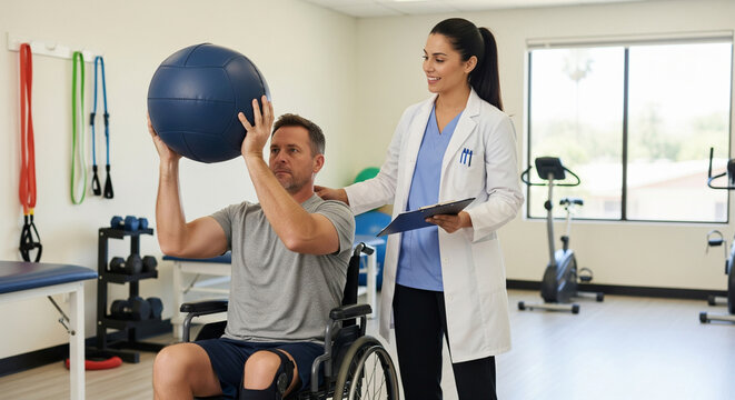 Man in wheelchair lifts heavy medicine ball under supervision of rehabilitation doctor trainer. Medical rehabilitation after injury
