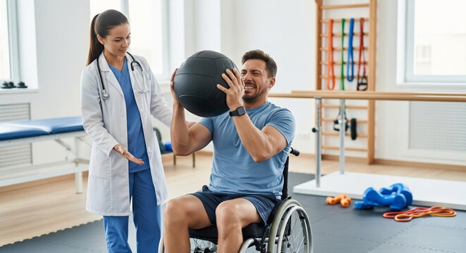 Man in wheelchair lifts heavy medicine ball under supervision of rehabilitation doctor trainer. Medical rehabilitation after injury
