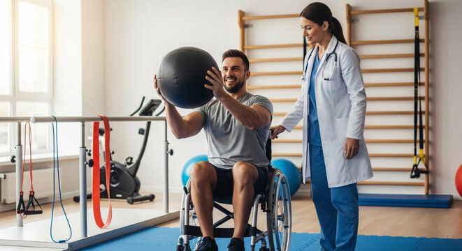 Man in wheelchair lifts heavy medicine ball under supervision of rehabilitation doctor trainer. Medical rehabilitation after injury - Powered by Adobe
