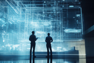 Two engineers evaluating and discussing a futuristic building blueprint on a large interactive screen in a dimly lit room