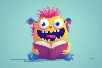 Adorable cartoon monster happily reading a book, great for kids' learning and literacy initiatives