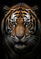 Fototapeta premium Intense tiger gaze under rain, a symbol of power and resilience for conservation campaigns