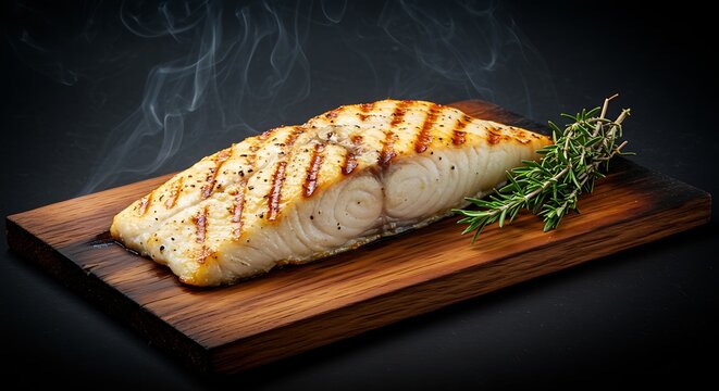 Delicious grilled halibut steak with rosemary sprig, ready for a gourmet meal or upscale restaurant menu promotion
