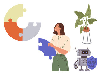 Woman holding blue puzzle piece near incomplete circular puzzle, potted plant, and robot with shield. Ideal for teamwork, creativity, problem-solving, innovation, collaboration, technology