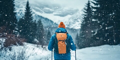 Hiker with orange backpack trekking snowy winter forest path enjoying nature journey