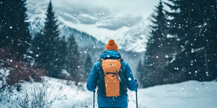 Hiker with orange backpack trekking snowy winter forest path enjoying nature journey