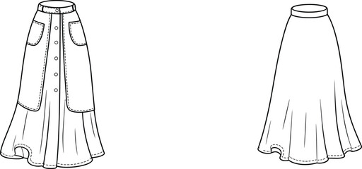 Vector Fashion Flat Sketch of Women’s Flared Skirt with Front Button and Pockets, Back View Included for Apparel Design