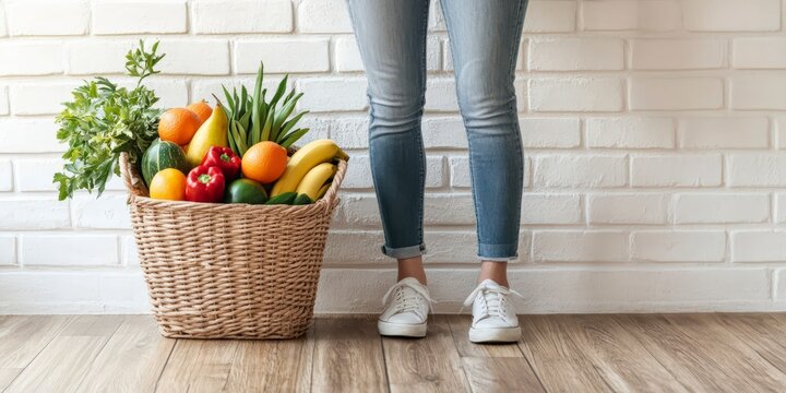 Woman carrying mesh bag of vegetables symbolizing eco lifestyle healthy sustainability concept - Powered by Adobe