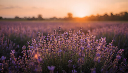 Fototapeta premium Lavender Field at Sunset with Golden Light