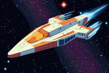 White and red spaceship cruising through the vast expanse of the cosmos