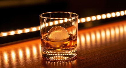 Whiskey glass with round ice sphere on wooden bar counter under warm lighting