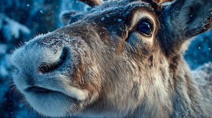 Majestic reindeer gazes through a snowy forest, capturing the essence of winter's beauty in a serene and tranquil moment