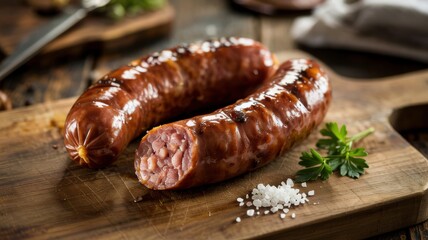 Promotional photo of a fried sausage on a wooden board surrounded by herbs and spices. A photo with a place for the text.
