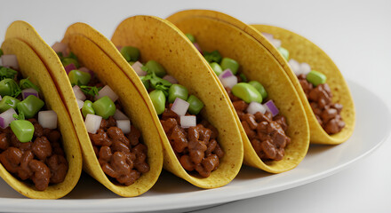 Delicious tacos arranged on a white plate, filled with savory ingredients, a culinary delight