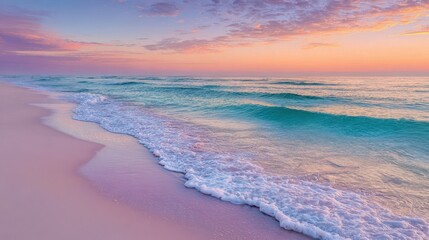 Fototapeta premium Beach scene during a vibrant sunset, waves rolling in, for tourism promotion