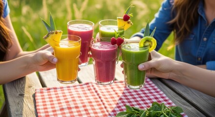Colorful smoothies with friends at outdoor picnic