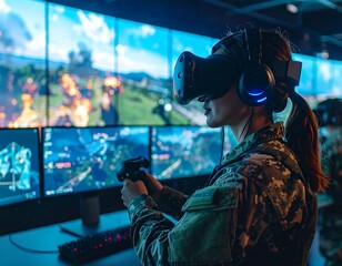 Soldier using VR headset in a military simulation room
