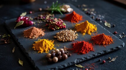 Promotional photo of a variety of fresh herbs and spices laid out on a black slate. The bouquet contains sprigs of rosemary, thyme and basil, as well as brighter shades of paprika, cumin and turmeric.