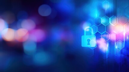 Abstract digital background featuring a padlock symbolizing security amidst vibrant blue and purple hues