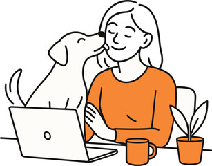 Minimalist flat vector illustration of a woman working on a laptop at a desk, smiling while her dog kisses her cheek. 