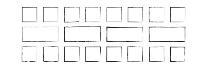Set of grunge square and rectangle frames. Black ink empty boxes and rectangle borders collection. Vector illustration isolated on a white background.