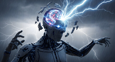 Futuristic female robot open brain with electric storm and broken AI shell