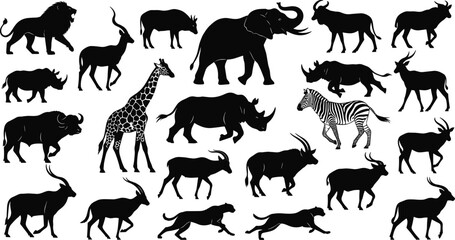 African wildlife silhouettes, savanna animals, lion giraffe elephant, zebra antelope rhino, safari scene, vector illustration, nature art, wildlife conservation, animal icon, wild habitat